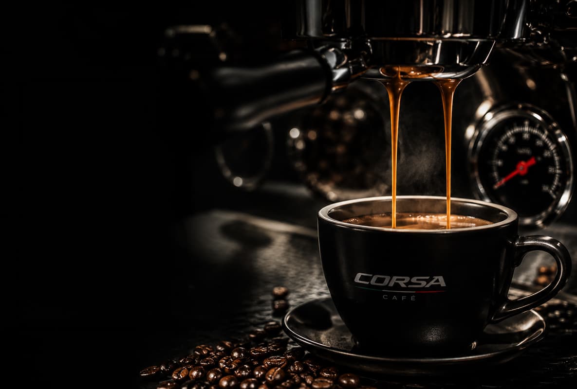 Corsa Café espresso machine pouring coffee into a branded cup