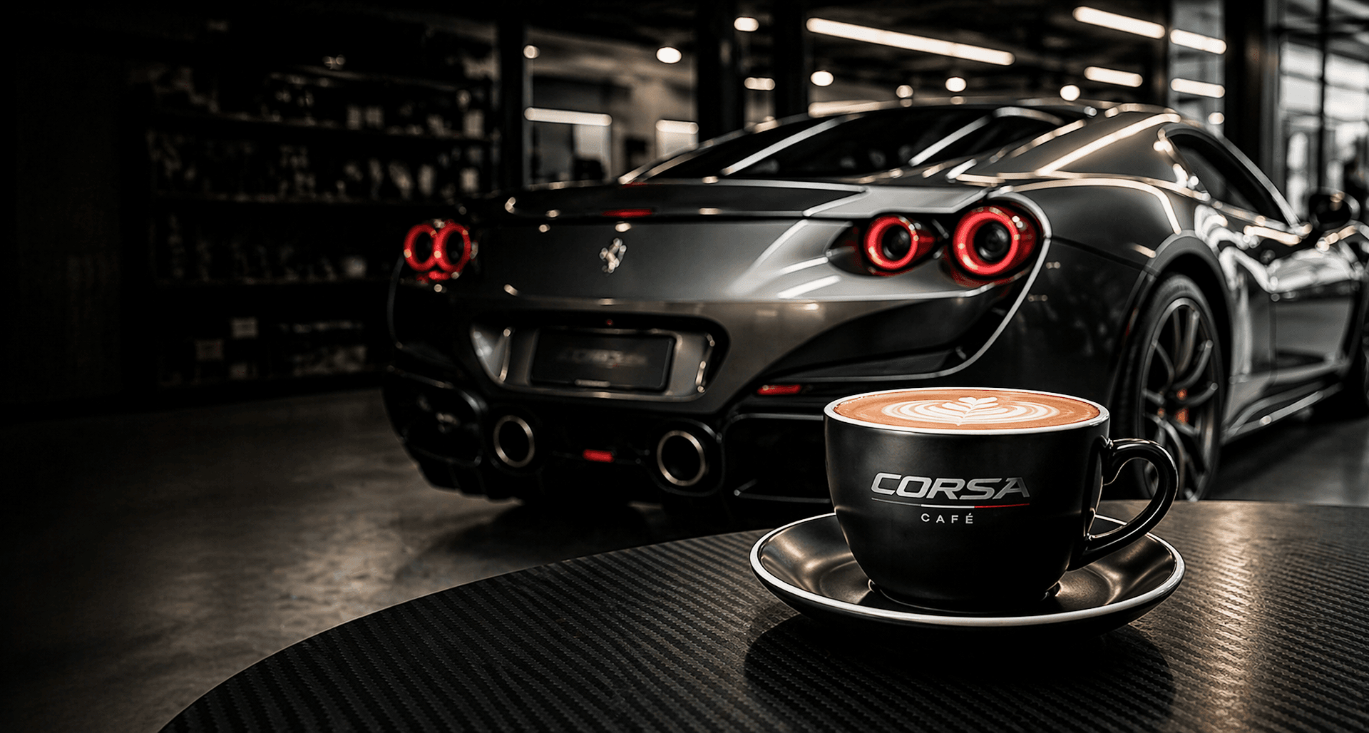 Corsa Café cup with sports car in a dark performance garage