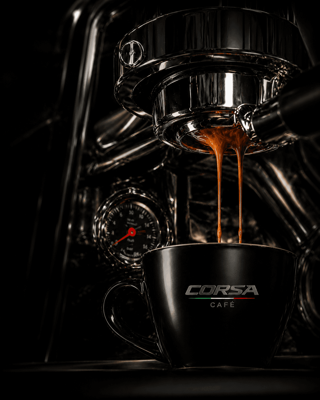 Corsa Café espresso machine pouring coffee into a branded cup